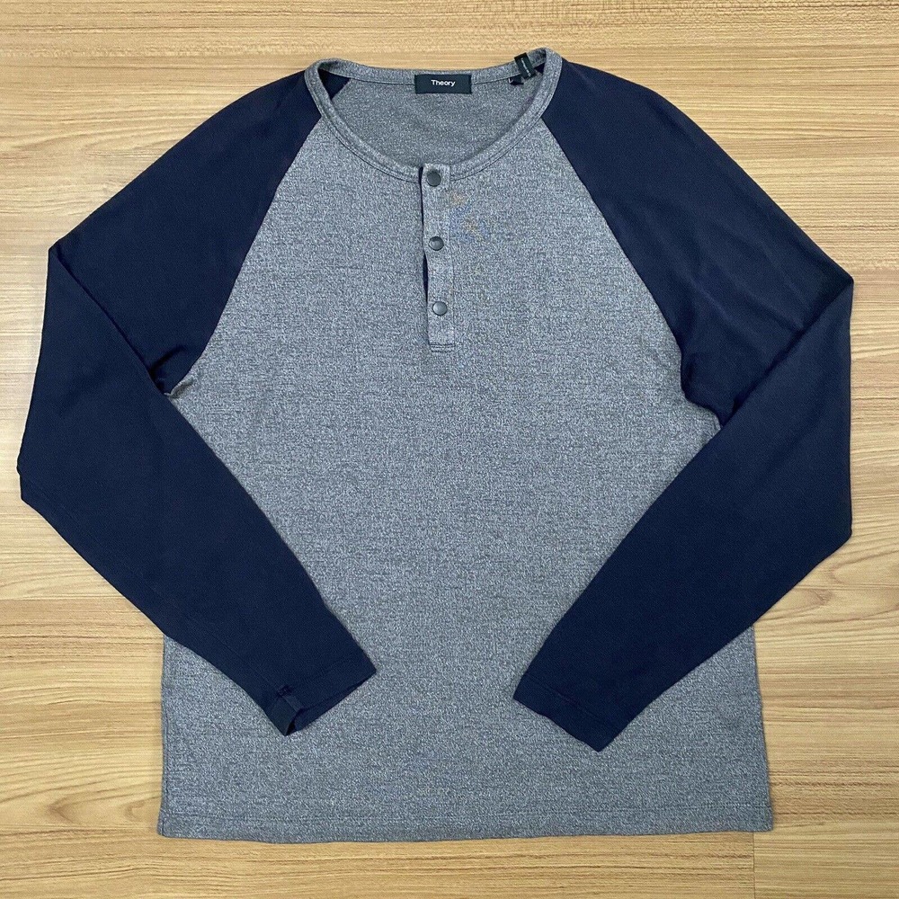 Theory Shirt Mens Long Sleeve Contrast Henley Snap Gray Black Medium